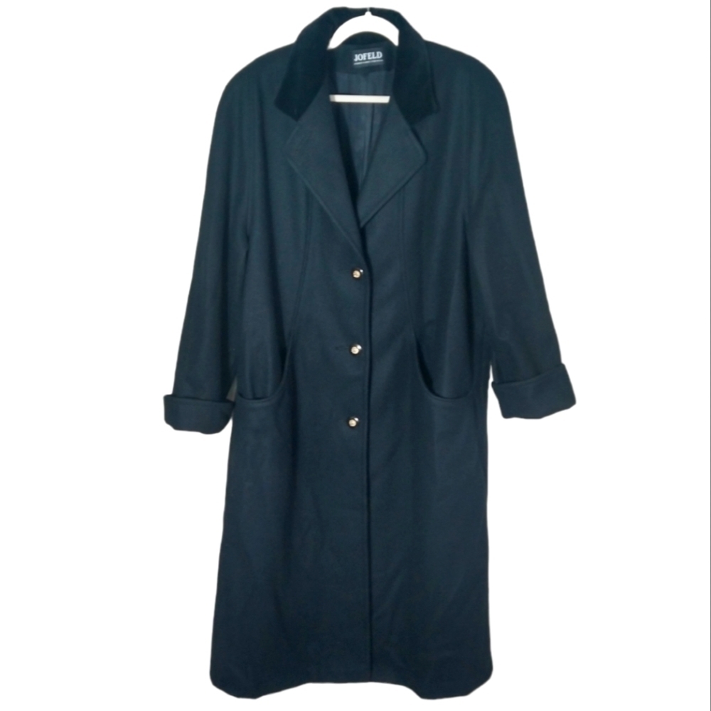 VTG‎ Jofeld Wool Duster Peacoat Duster Coat Women's Size 10 Black Velvet Collar